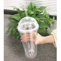 20oz milk tumbler with dome lids double wall plastic drink cups with straw reusable clear water bottle transparent fruit cup