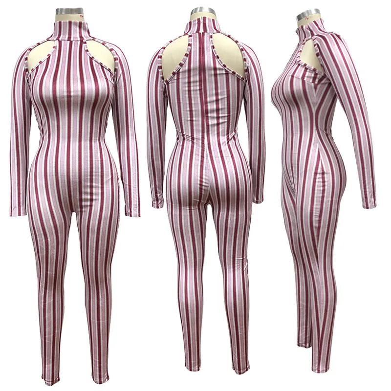

Casual Triped Print Hollow Out Full Sleeve Bodycon Jumpsuit Women Sexy Night Club Party Outfit One Piece Rompers Fitness Overall