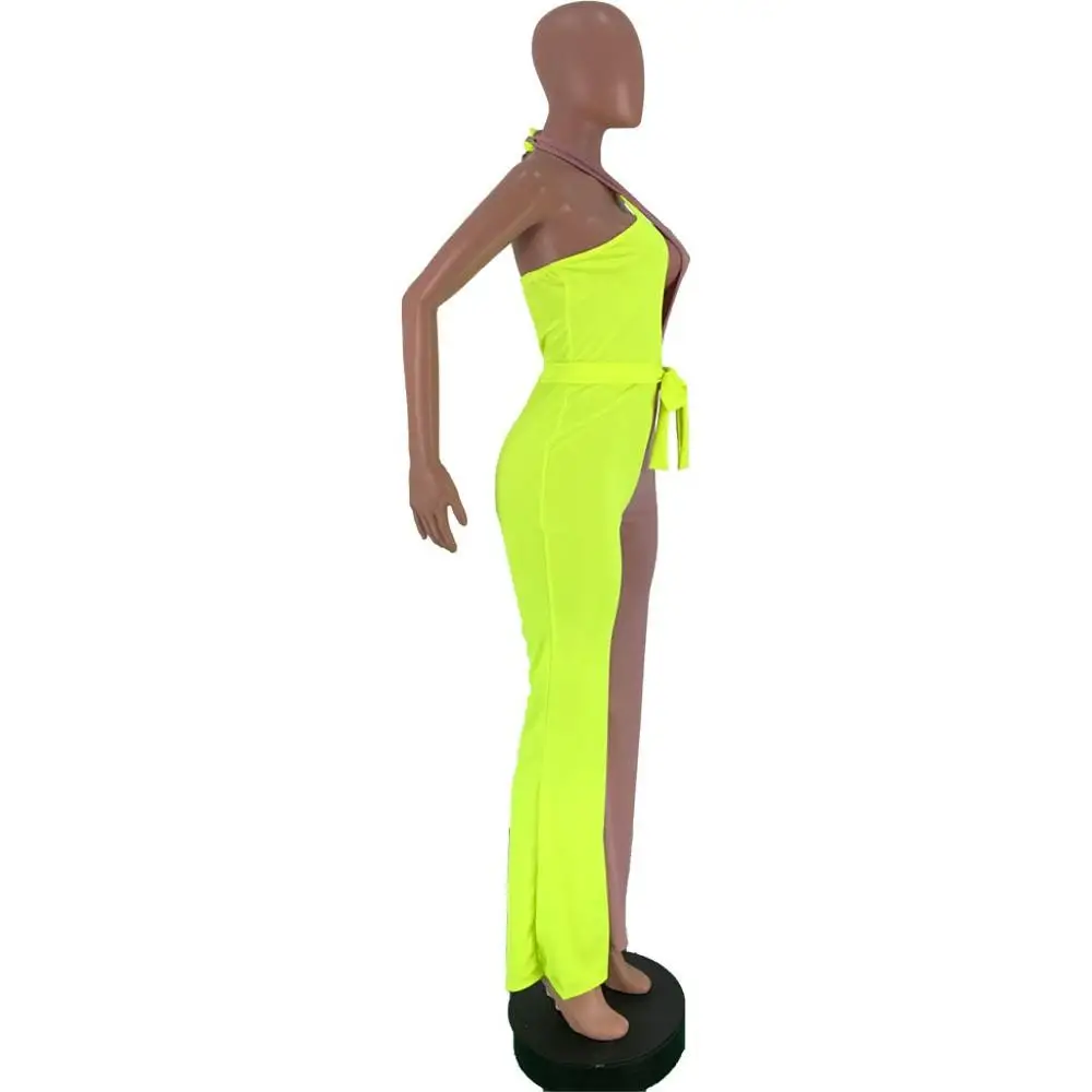 Женский неоновый комбинезон в стиле пэчворк летний клубный с открытой спиной и