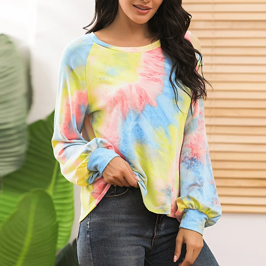 

Fashion Tie-Dye Print Blouse Shirt Hollow Out Loose O-Neck Tops Casual Autumn Ladies Female Women Long Sleeve Blusas Pullover