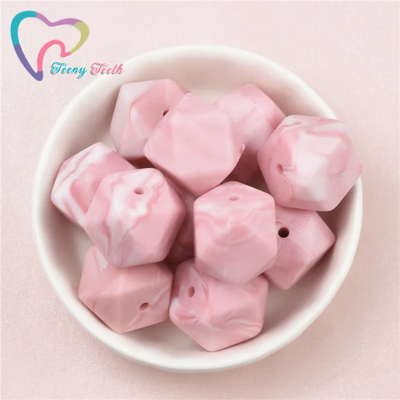 Детские Бусы Teeny Teeth 10 шт. мраморные розовые шестиугольные силиконовые детские