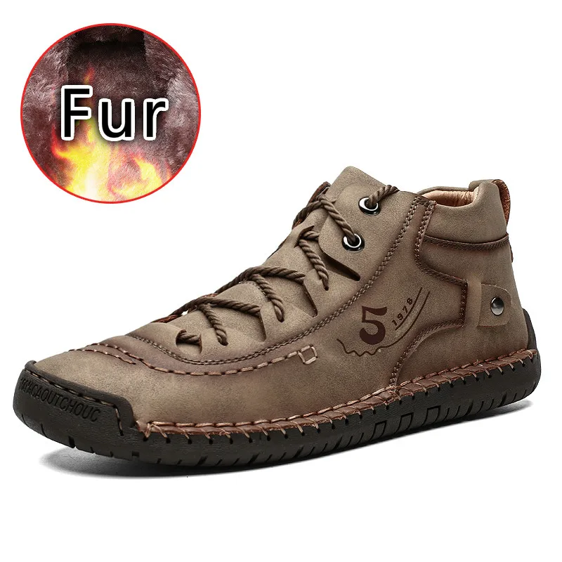Khaki Fur Г. Зимняя обувь мужские теплые повседневные кожаные модные удобные ботинки на плоской подошве мужская обувь на шнуровке зимние мужские походные ботинки большой размер 48 - Цвет: Khaki Fur