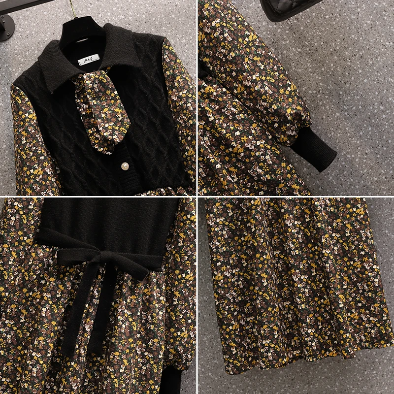 

L-4XL Plus Size Autumn Winter Women Dress Long Sleeve Floral Print Patchwork Knitted Sweater Dress Elegant Vintage Dress