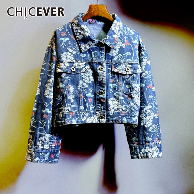 

CHICEVER Print Loose Colorblock Temperament Denim Coat Female Lapel Long Sleeve Fashion Coat For Women Autumn Style 2021 New