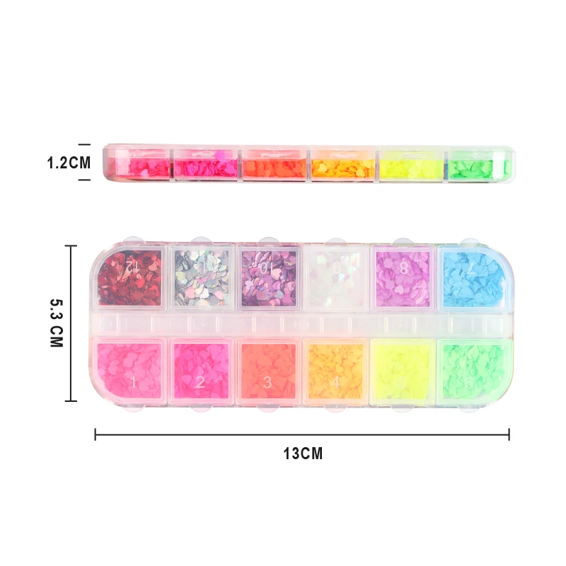 

12 Grids Valentines Day Nail Art Glitter Flakes Love Heart Sequins For Nail Design Neon Pigment Nails Accessories Manicure Tools