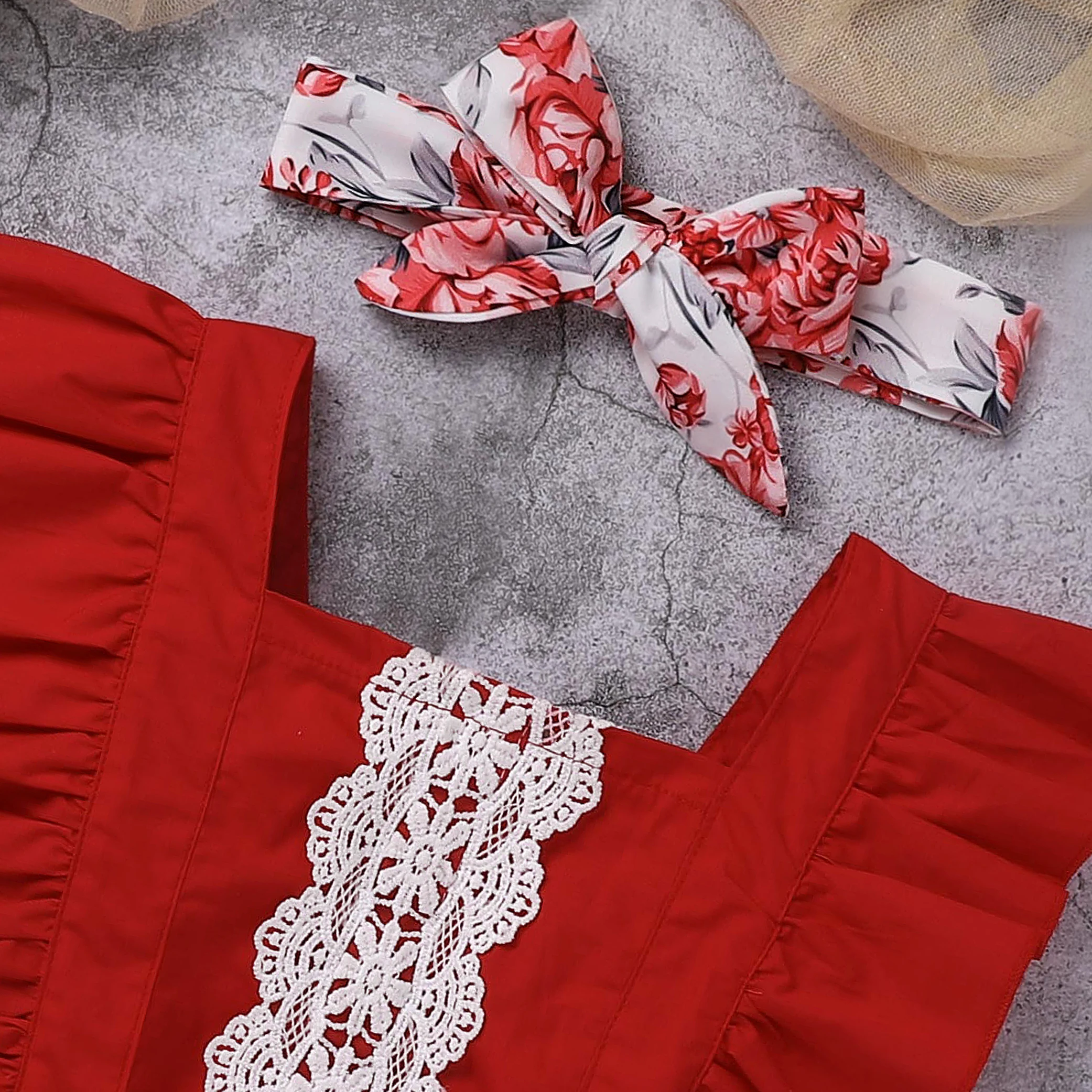

Infant Summer Outfit Baby Girls Sweet Style Lace Decoration Fly Sleeve Floral Romper Splicing Jumpsuit + Bow Headwear Set