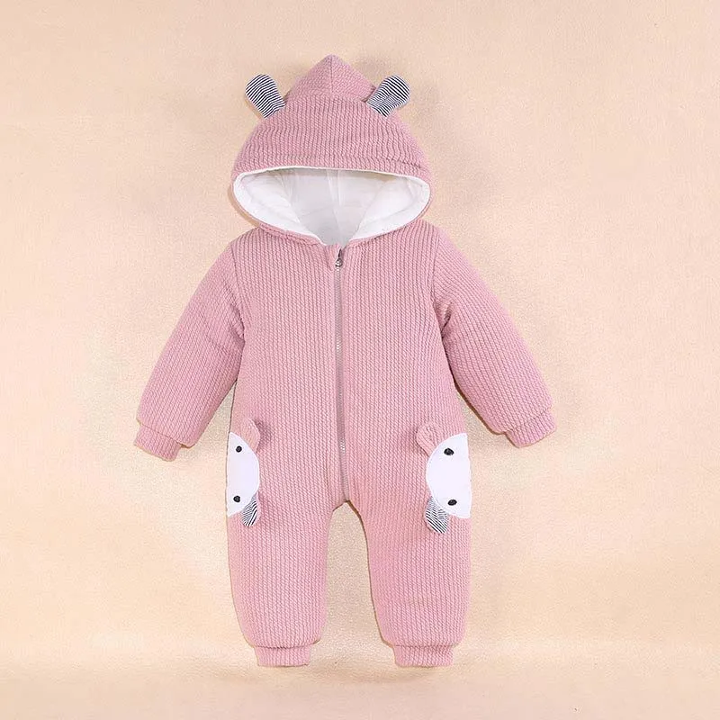 Pink bear Осенне-зимние комбинезоны для новорожденных, детские комбинезоны с капюшоном, одежда для мальчиков и девочек, костюм на молнии для младенцев, Вязаный комбинезон От 0 до 2 лет - Цвет: Pink bear