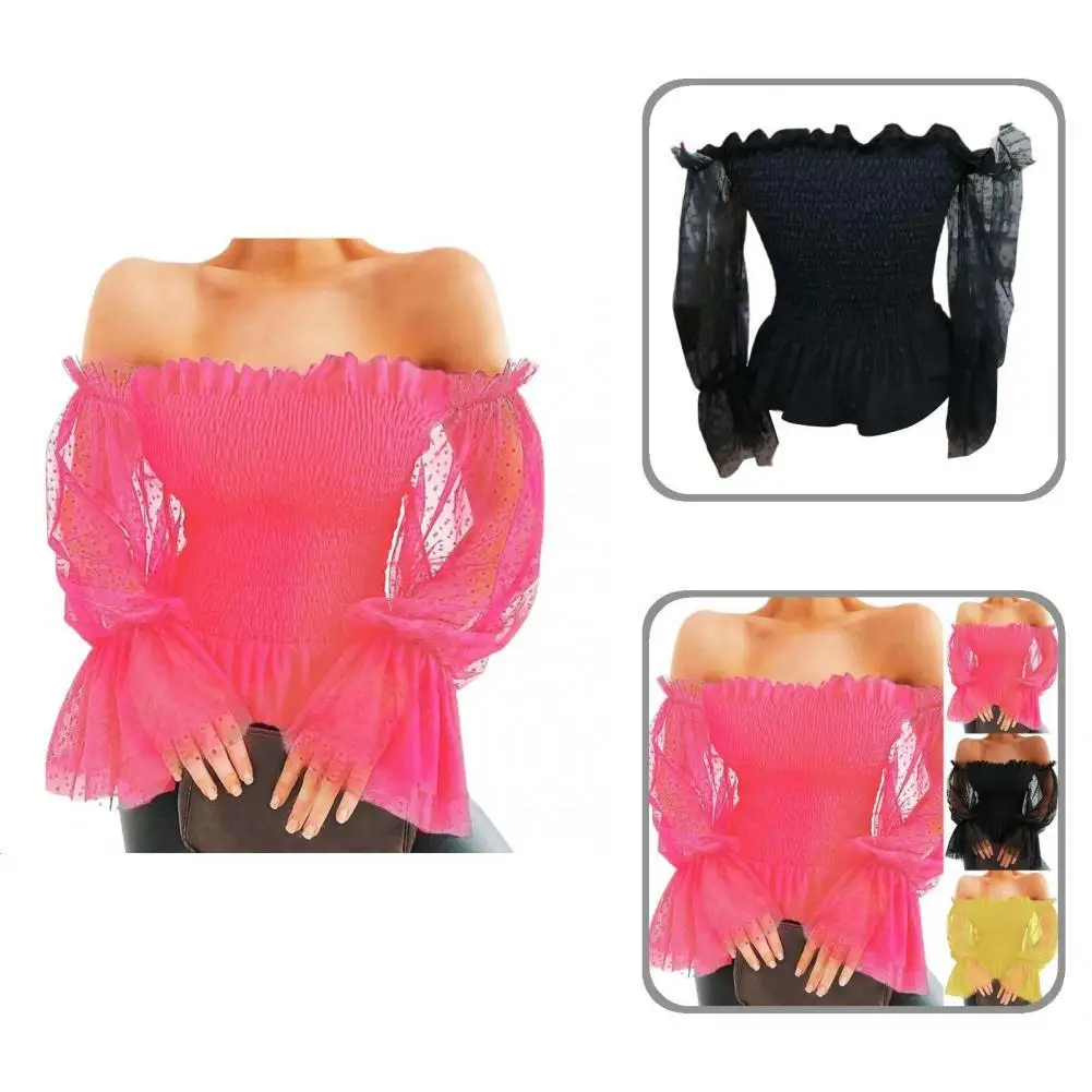 

Women Top Stretchy Ruffle Edge Simple Off Shoulder Party Blouse Women Blouse for Night Club