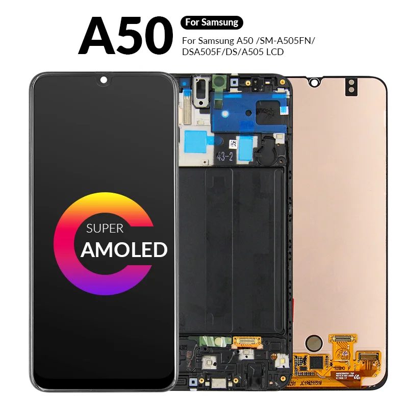 AMOLED A50 LCD Display For Samsung A50 SM-A505FN/DS LCD Touch Screen Digitizer For Samsung Galaxy A505F/DS A505 LCD With Frame
