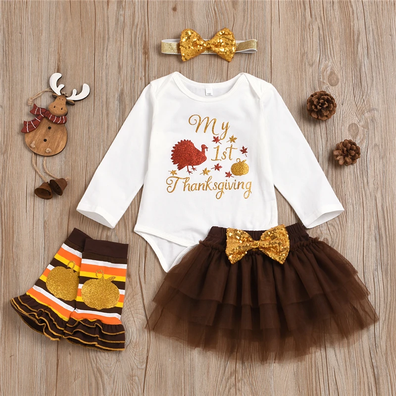 

BY Thanksgiving Girls Set Toddler Baby Girls Letter Print Tops+Bowknot Mini Skirt+Leg Warmers+Headband Outfits Clothing Set