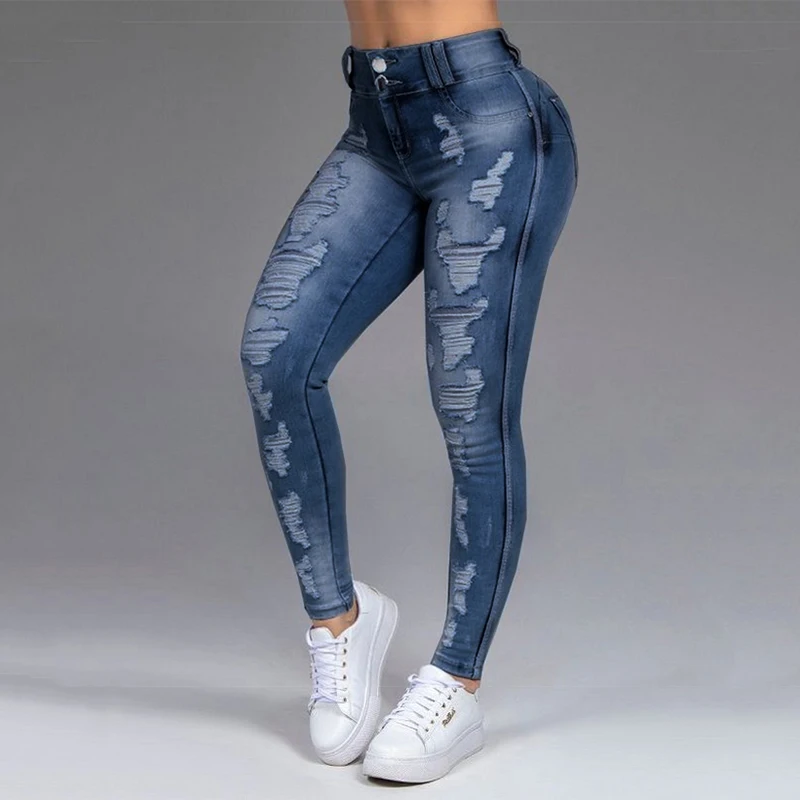 

2021 Large Size High Waist Ripped Distressed Mom Jeans for Women Fall Spring Spandex Vintage Pencil Denim Pants Boyfriend Jeans
