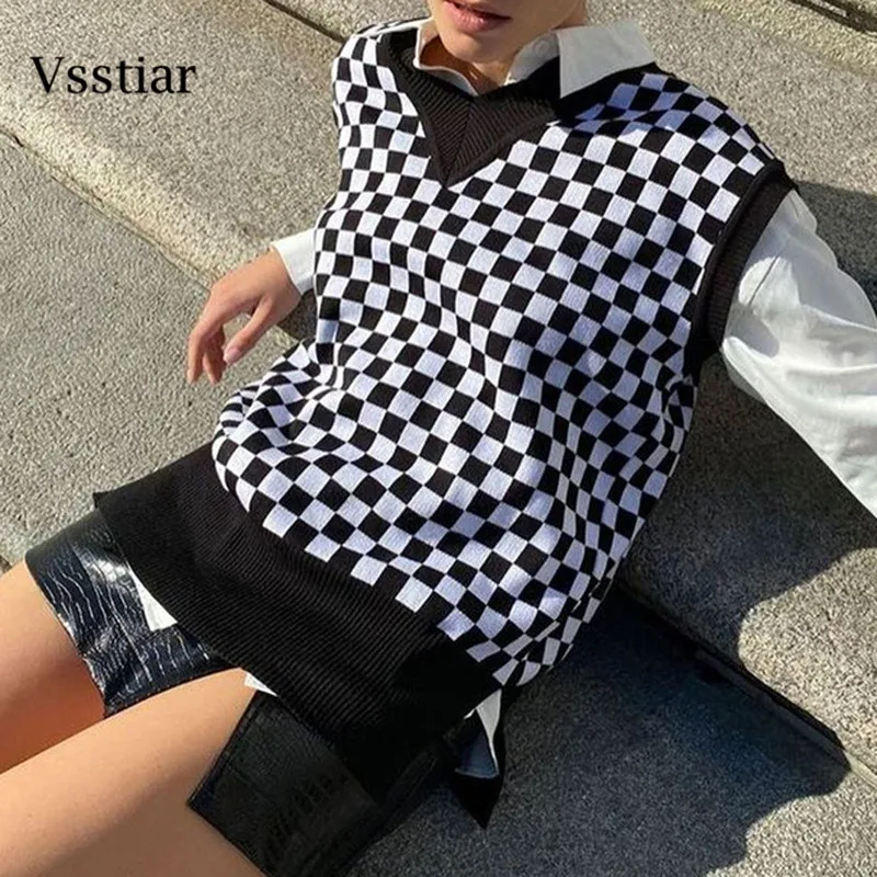 

Женский клетчатый свитер и жилет Vsstiar, Зимний вязаный пуловер оверсайз, Модный повседневный укороченный топ без рукавов с V-образным вырезом...