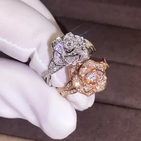elegant camellia flower aaa zircon wedding rings for women luxury rose gold color crystals engagement bridal ring trendy jewelry