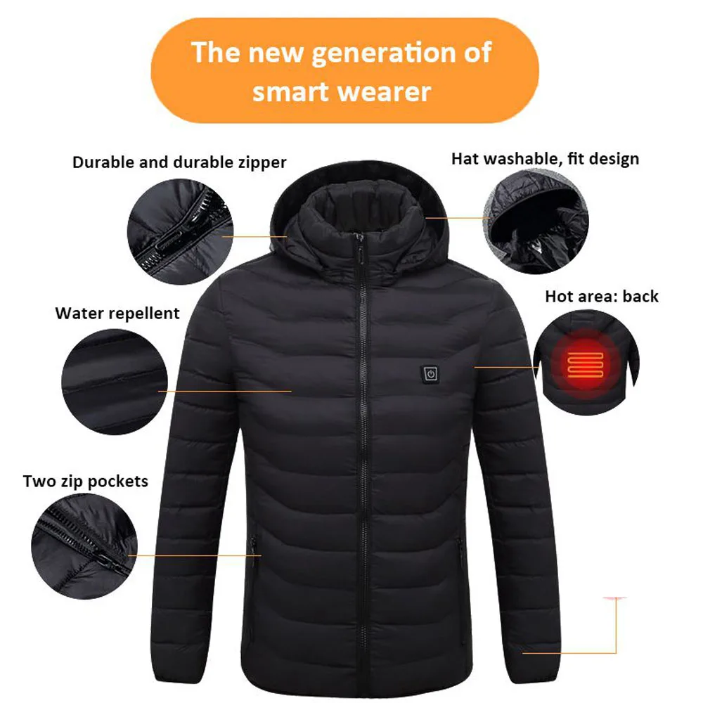 WJJDFC 2021 Heating Jackets NEW Men Winter Warm USB Outdoor Electric Heating Jackets Pure Color Hooded Heated Winter Clothing