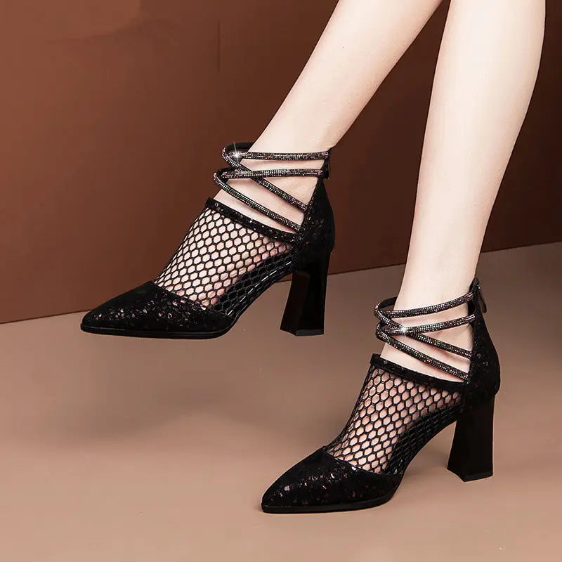 

Sandals Women's Thick Heels Sexy Rhinestone Hollow Mesh Pointed Toe Women's High Heels Spring And Summer Fashion Ladies Sandals