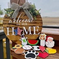 wooden board round wreath hanging seasonal welcome to our home sign front door sign interchangeable pendants for greeting