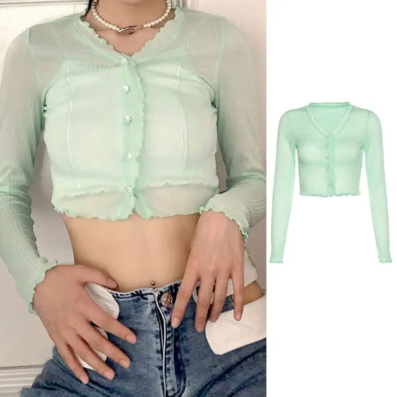 

Women Summer Long Sleeve Green T-Shirt Sexy See-Through Mesh Ribbed Slim Crop Top Ruffles Trim V-Neck Buttons Cardigan