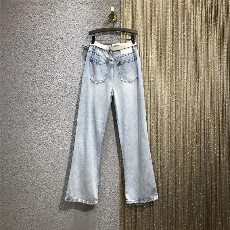 Hop Hip Thin Jeans Women Spring Summer Hole Ripped Straight Wide Leg Trousers Fashion High Waist Letter Print Pants Female S-XL