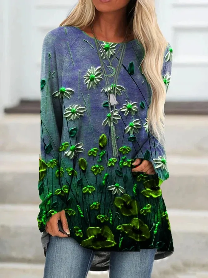 

2021 Spring Summer Gradient Floral Print Women Blouse Shirt Long Sleeves Tops Casual Loose Streetwear Elegant Party Pullover