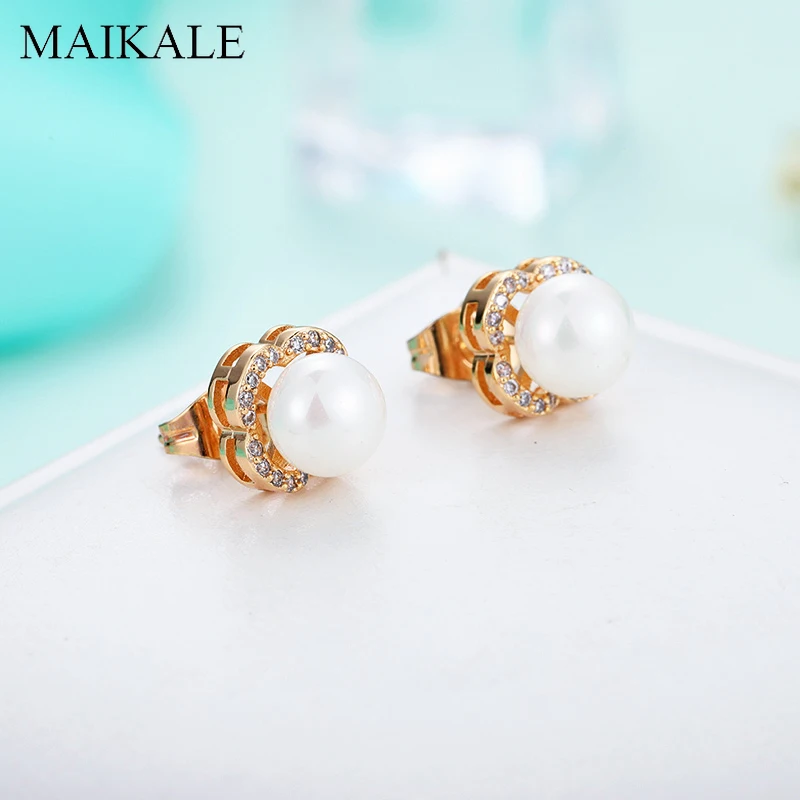 Женские серьги классического дизайна MAIKALE, романтические серьги-гвоздики золотистого цвета с цветком и жемчужиной из фианита, ювелирные изделия для подарка
