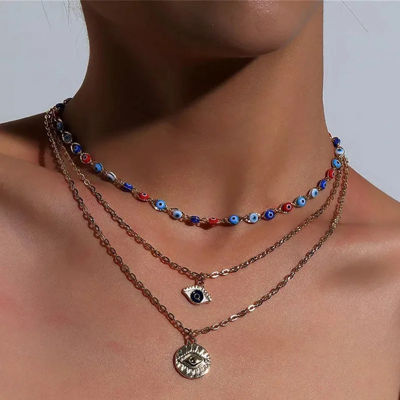 

New Multi Layered Turkish Evil Eye Necklaces For Women Boho Vintage Coin Pendant Gold Chain Choker Necklaces Female Jewelry 2021