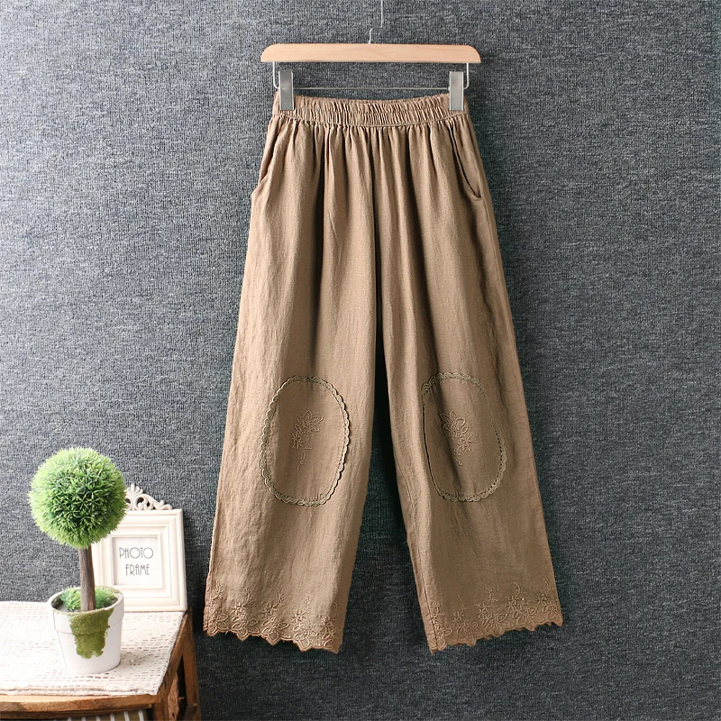 

New Summer Women Cotton linen Wide Leg Pants Mori Girl Elastic Waist Loose Casual Pants Embroidery