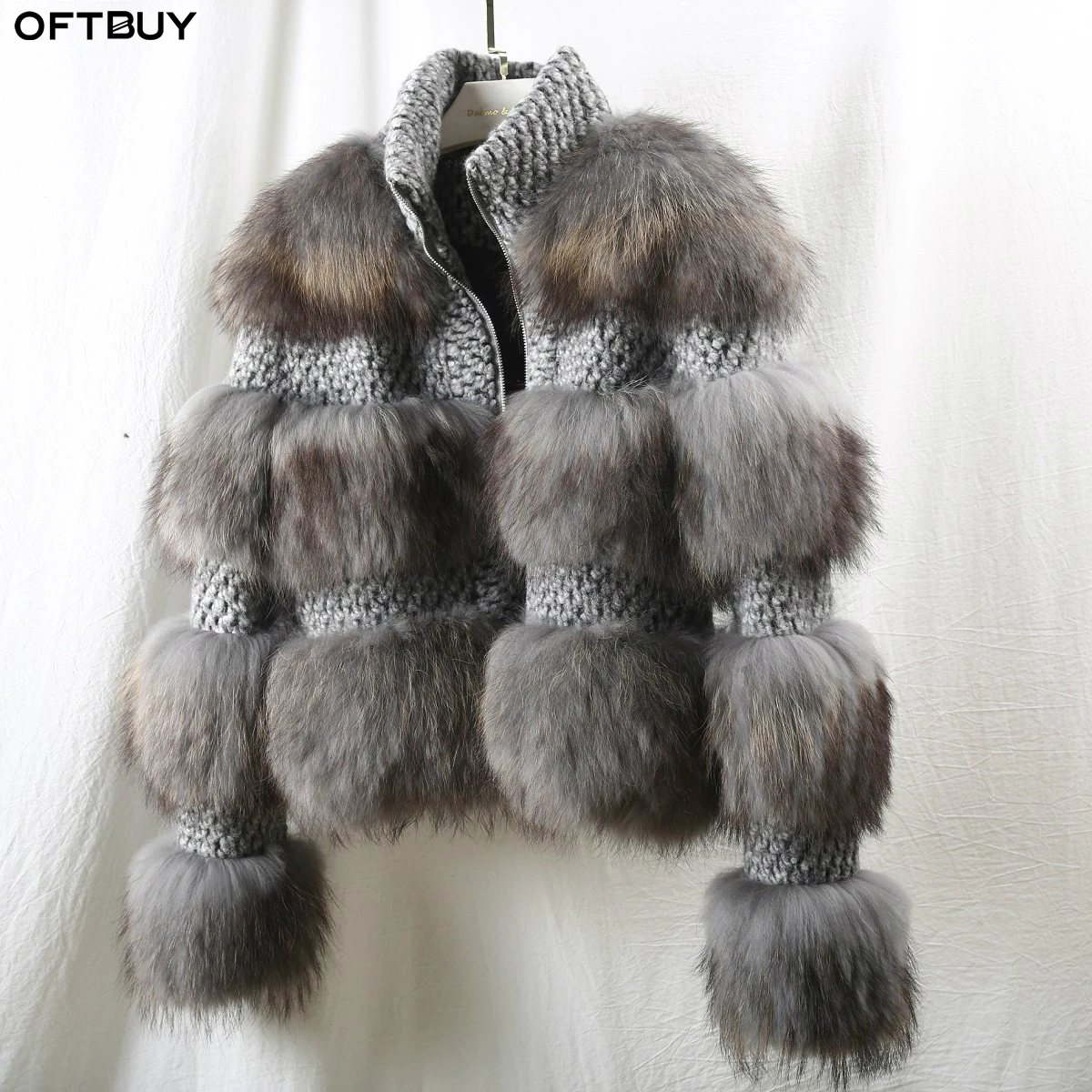 OFTBUY 2021 зимняя куртка женская серая шуба из натурального меха енота шерстяная