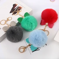 cute pompoms leather bow keychain for woman gift car bag pendant accessories crystal inlaid pu bowknot plush key chains llavero