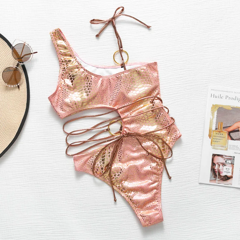 Бразильское бикини стринги Цельный купальник женский со змеиным принтом