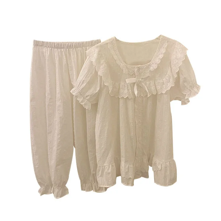 Korean Women's Pajamas Sets All Cotton Court Breeze Lace Nightgown Princess Wind Short Sleeve Capris Home Suit Female Sleepwear