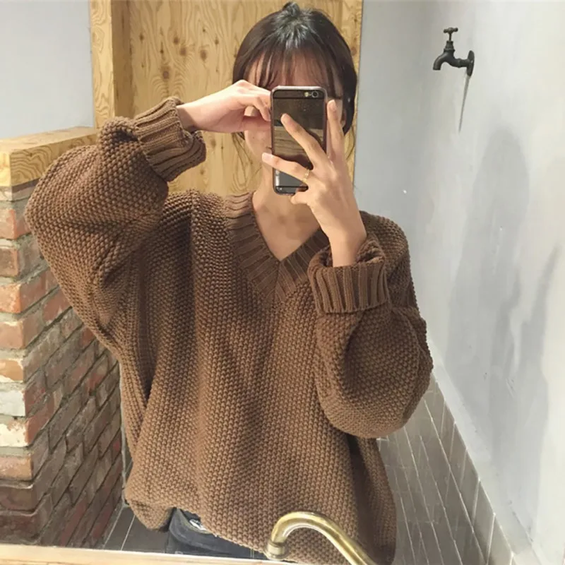 

Women Warm Knitted Jumper Autumn Winter Female Pullovers V Neck Casual Long Sleeve Fashion Thick Sweater