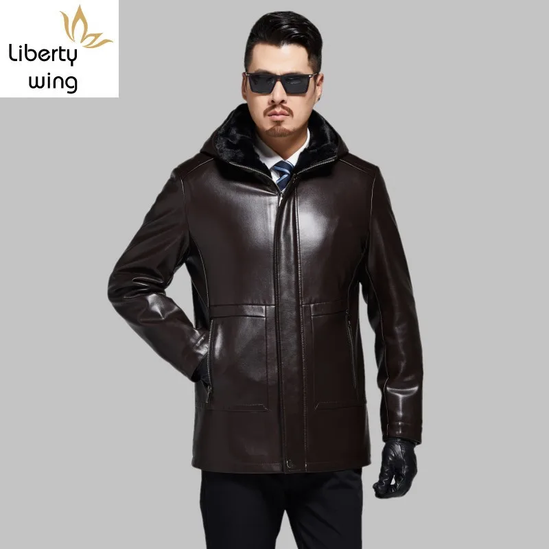 

Зимняя высококачественная куртка из искусственной кожи, мужская теплая куртка с капюшоном и меховой подкладкой, деловая Повседневная Верх...