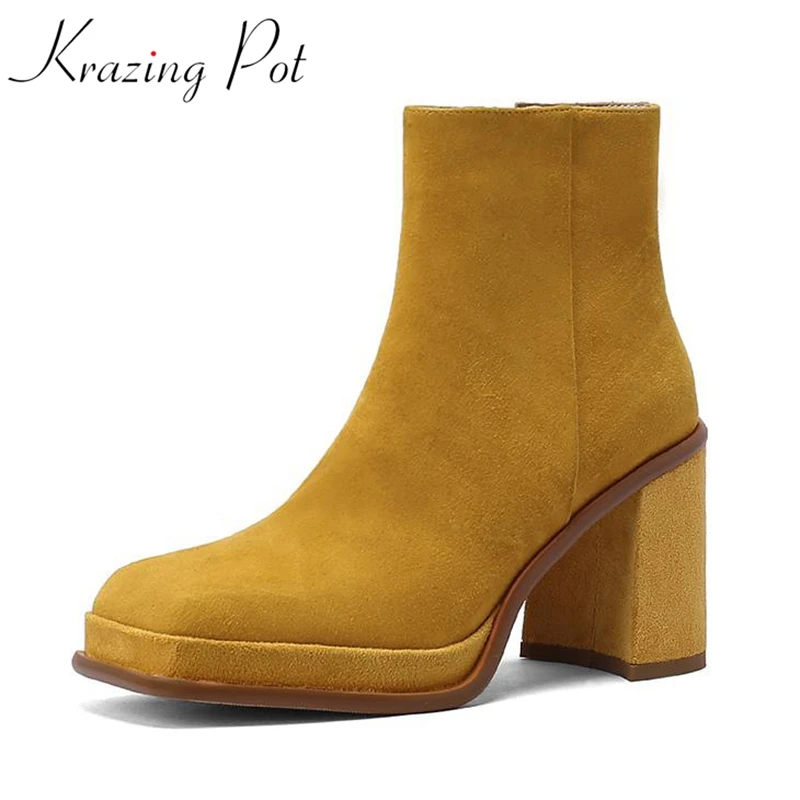 

krazing pot sheep suede square toe keep warm European western boots super high heels winter vintage retro zip ankle boots l86