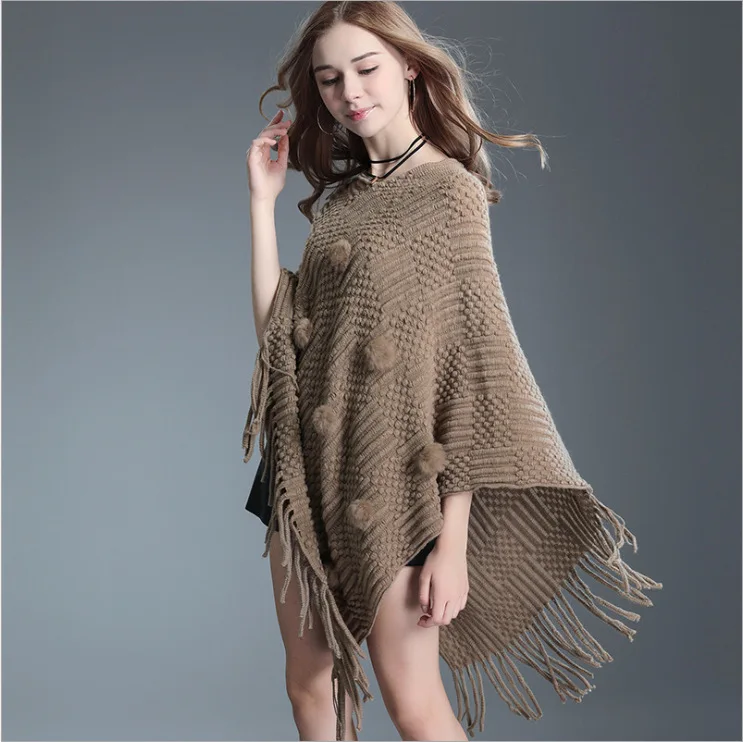 

Spring/Autumn V-Neck Sweaters Loose Pullover Tassel Batwing Cloak Stylish Shawl Ladies Korean Tops Winter Clothes Women