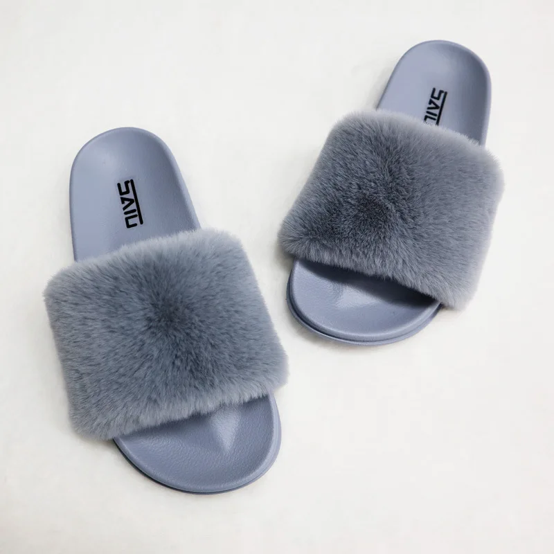 Женские меховые шлепанцы сланцы для улицы и дома плоская подошва пушистые