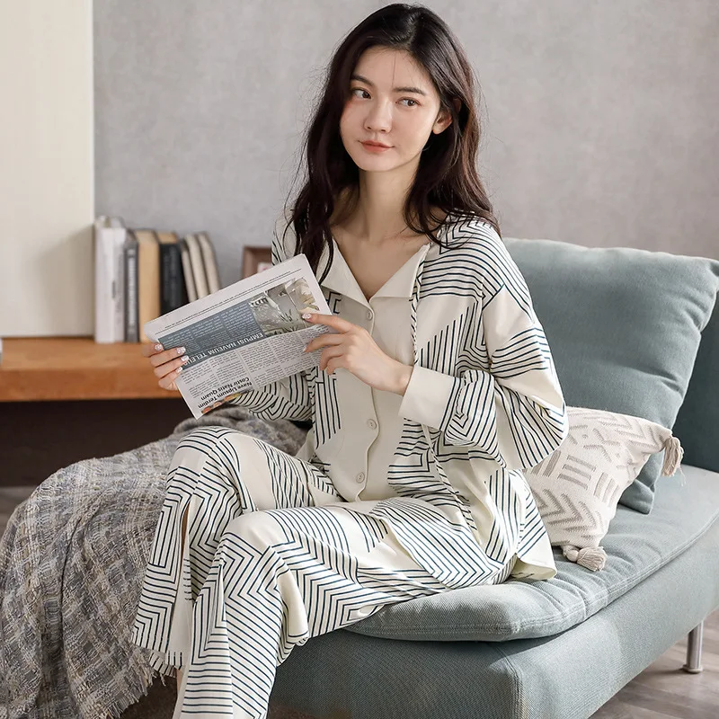 

Thin Long Sleeve Pajamas Set Sleepwear Women Cotton Button Up Turn Down Collar Korean Pajama Set Pajamas Woman Winter