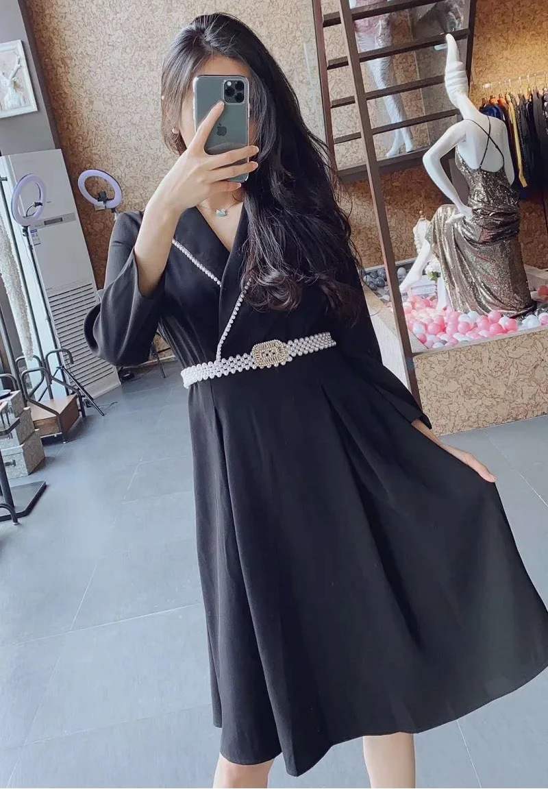 

Quality New Top 2021 Spring Summer Work Dress Women Notched Collar Hand Made Beading Deco Long Sleeve Big Swing Dress Belt