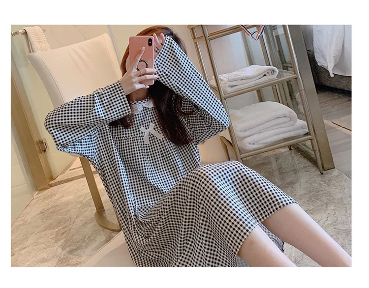 Spring Autumn Casual Plaid Cotton Nightgowns for Women Long Sleeve Loose Night Dress Home Dress Sleepwear Nightdress Nighty
