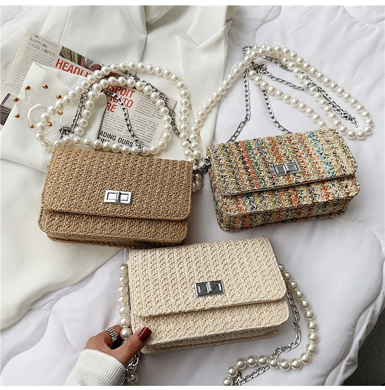 

Женская сумка-мессенджер, летняя новая модная маленькая квадратная сумка на одно плечо, плетеная Сумка с цепочкой и иностранным жемчугом