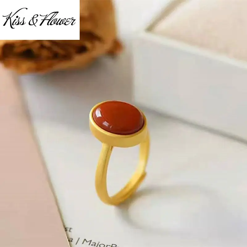 

KISS&FLOWER RI129 Fine Jewelry Wholesale Fashion Woman Girl Bride Birthday Wedding Gift Vintage Oval 24KT Gold Resizable Ring