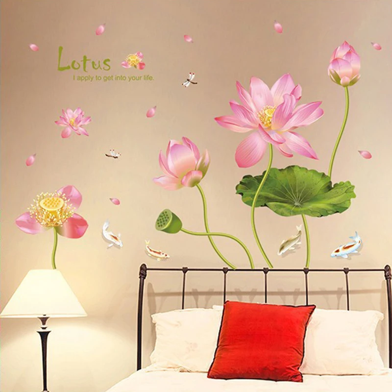 Романтические настенные Стикеры с розовыми цветами лотоса прудом рыбками