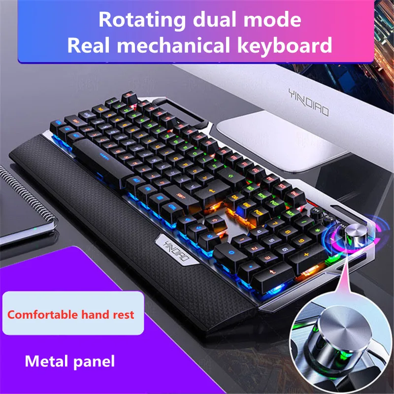 wired metal mechanical gaming keyboard RGB with hand rest phone holder knob adjustment Full Size 104 key Blue Black Switch
