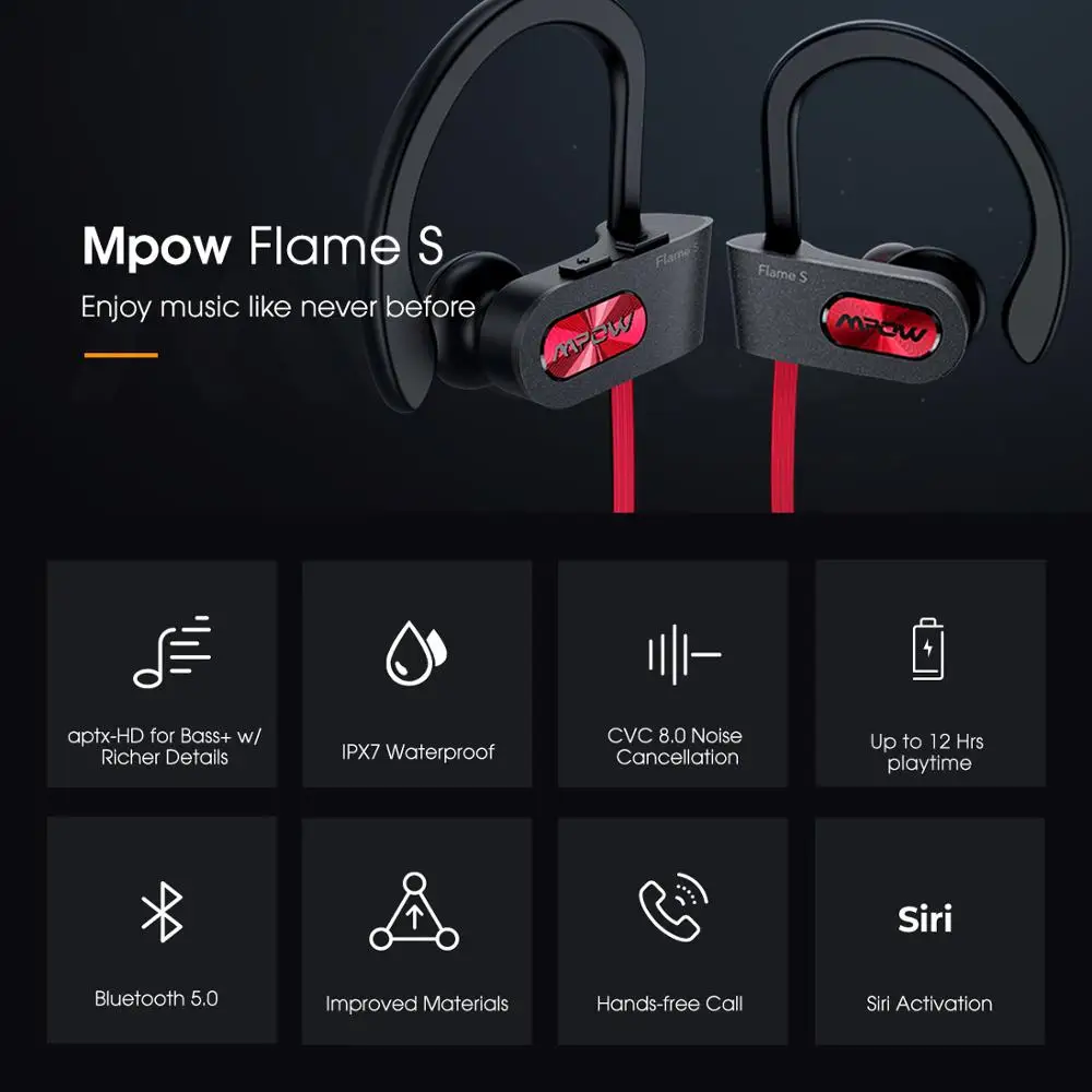 Беспроводные Bluetooth наушники Mpow Flame S улучшенная версия aptX HD V5.0 вкладыши IPX7