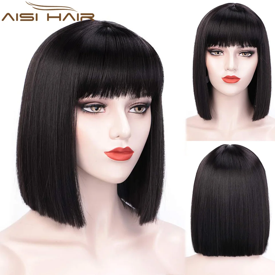AISI HAIR Synthetic Short Bob Wig With Bangs for Women Bob Wigs Black Pink Purple Cosplay Wigs for Party Daily Shoulder Length