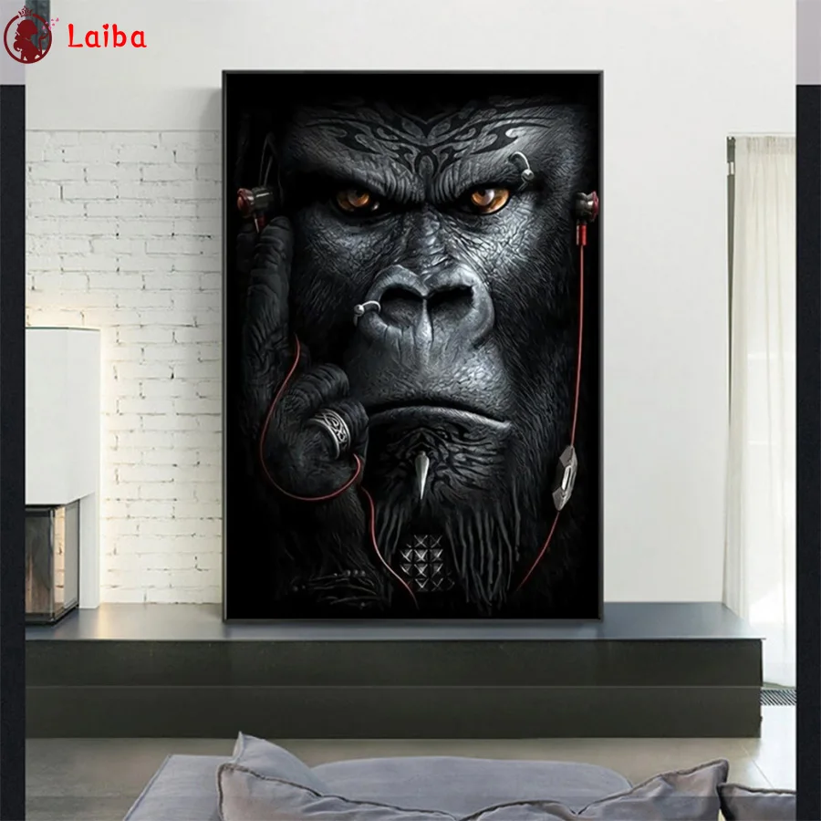 

5d diy diamond painting Modern art, orangutan listening to music mosaic diamond crystal painting full square round diamond