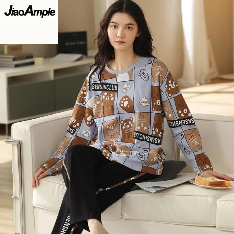 100% Cotton Pajamas Women Pijamas Set 2022 Spring Autumn New  Cute Cartoon Casual Simple Home Clothes Female Sleepwear Nightie