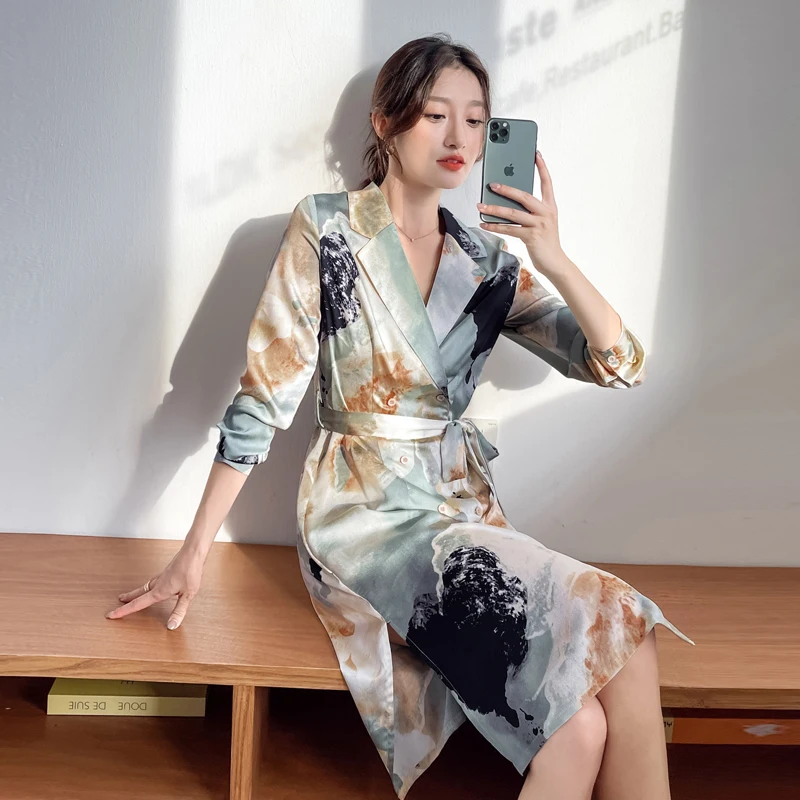 

Autumn Women Knee-length Vestidos Shirt Style Dress Office Print Long Sleeve V Neck Casual Sashes Party Dress Robe Plus Size
