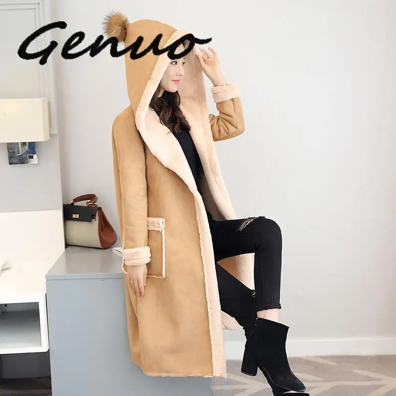 

Genuo New Ladies Leather Jacket Faux Suede Coats For Women Autumn Winter Motorcycle Hooded Faux Long Sleeve Fake Sheepskin Coat