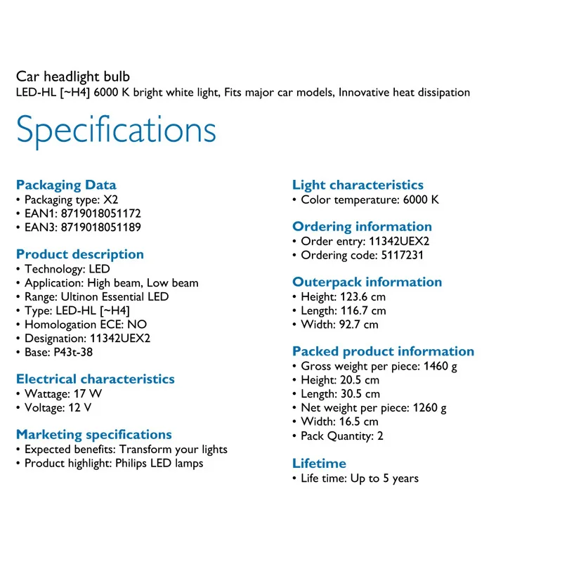 

NEW Philips Ultinon Essential LED For Projector H4 HS1 12V 11342UEX2 Car 6000K White Light Headlight 1450LM Lamp (1 Pair)