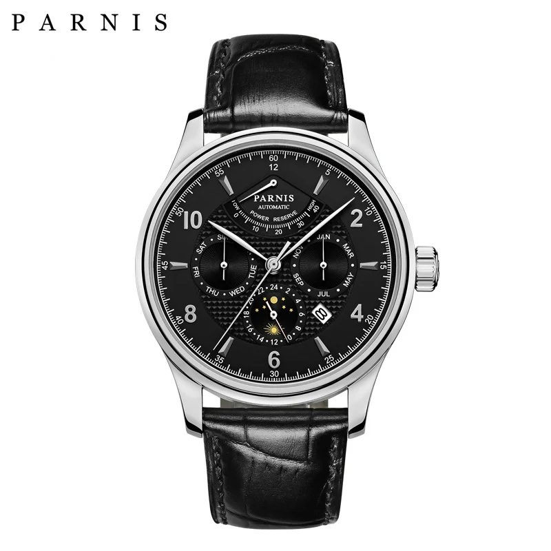 

Casual Parnis 43mm Automatic Watch Moon Phase Power Reserve Men Luxury Brand Top Miyota Mechanical Winder Watches P6062 Gift Box